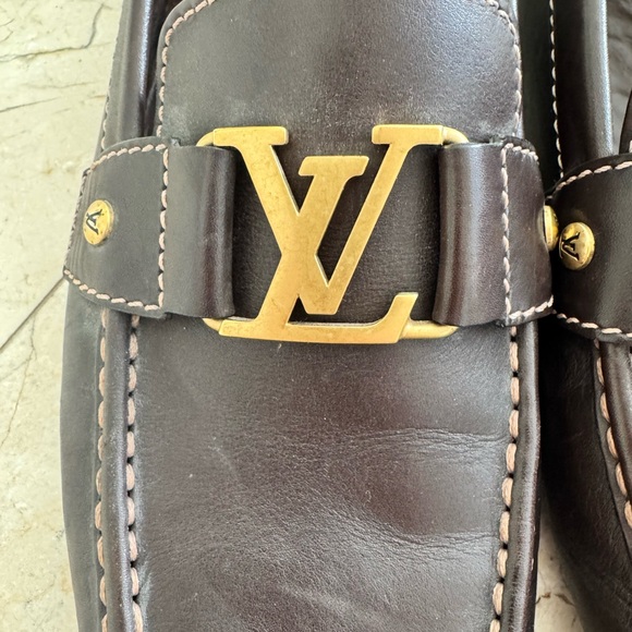 LOUIS VUITTON MENS MONTE CARLO DRIVERS- WORN 1X- SIZE 10- BROWN W/ GOLD HARDWARE - Picture 2 of 9